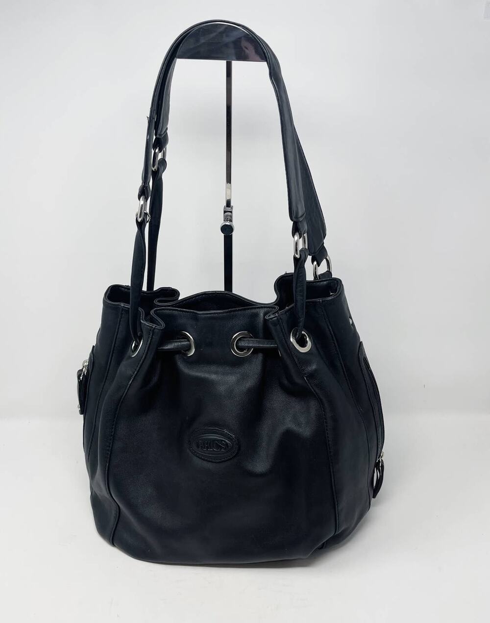Brics Black Leather Bucket Bag Shoulder Strap Cinch Closure Tote Purse